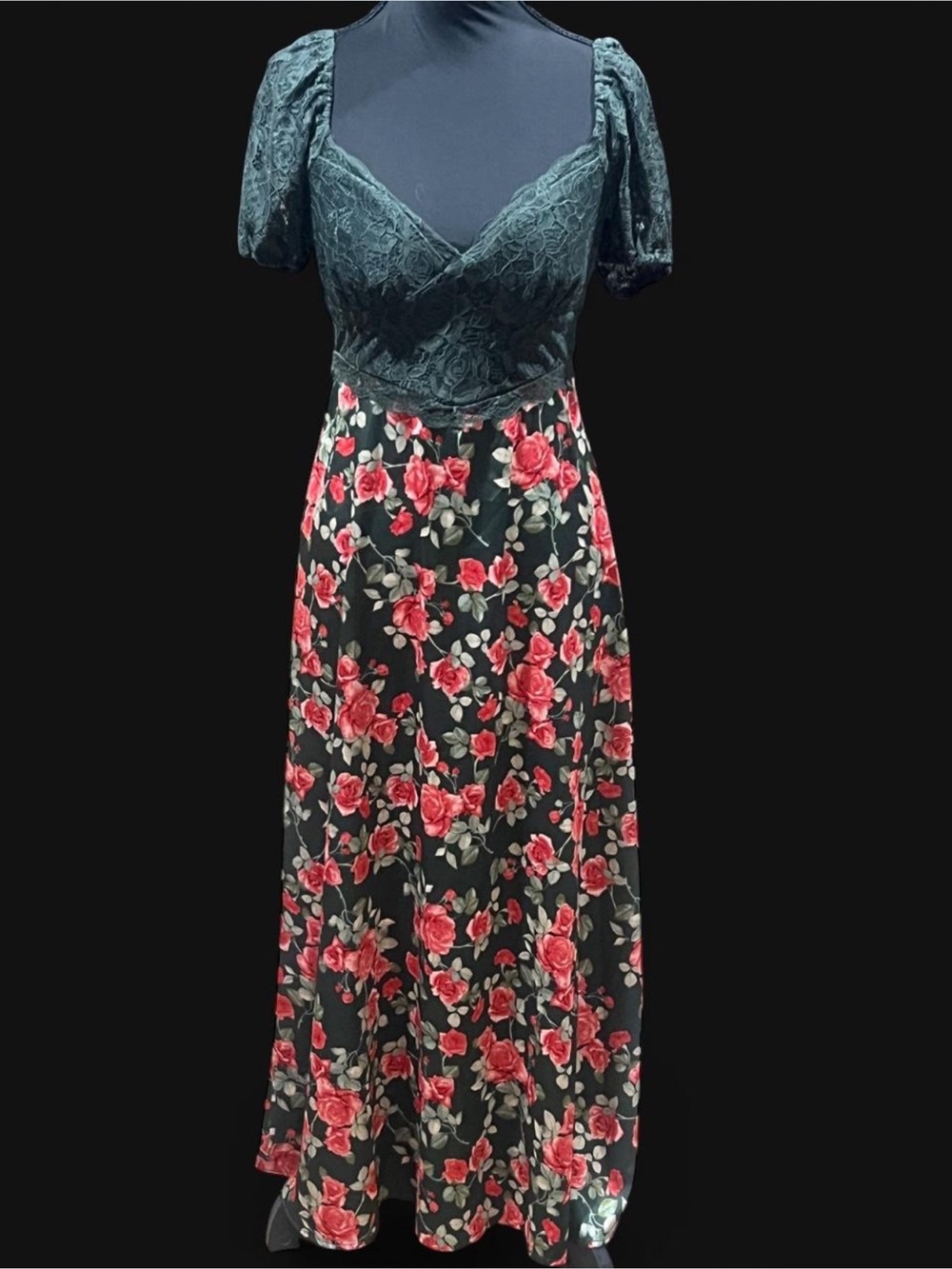Altar'd State Black Lace Bodice Floral Midi Dress with Red Roses